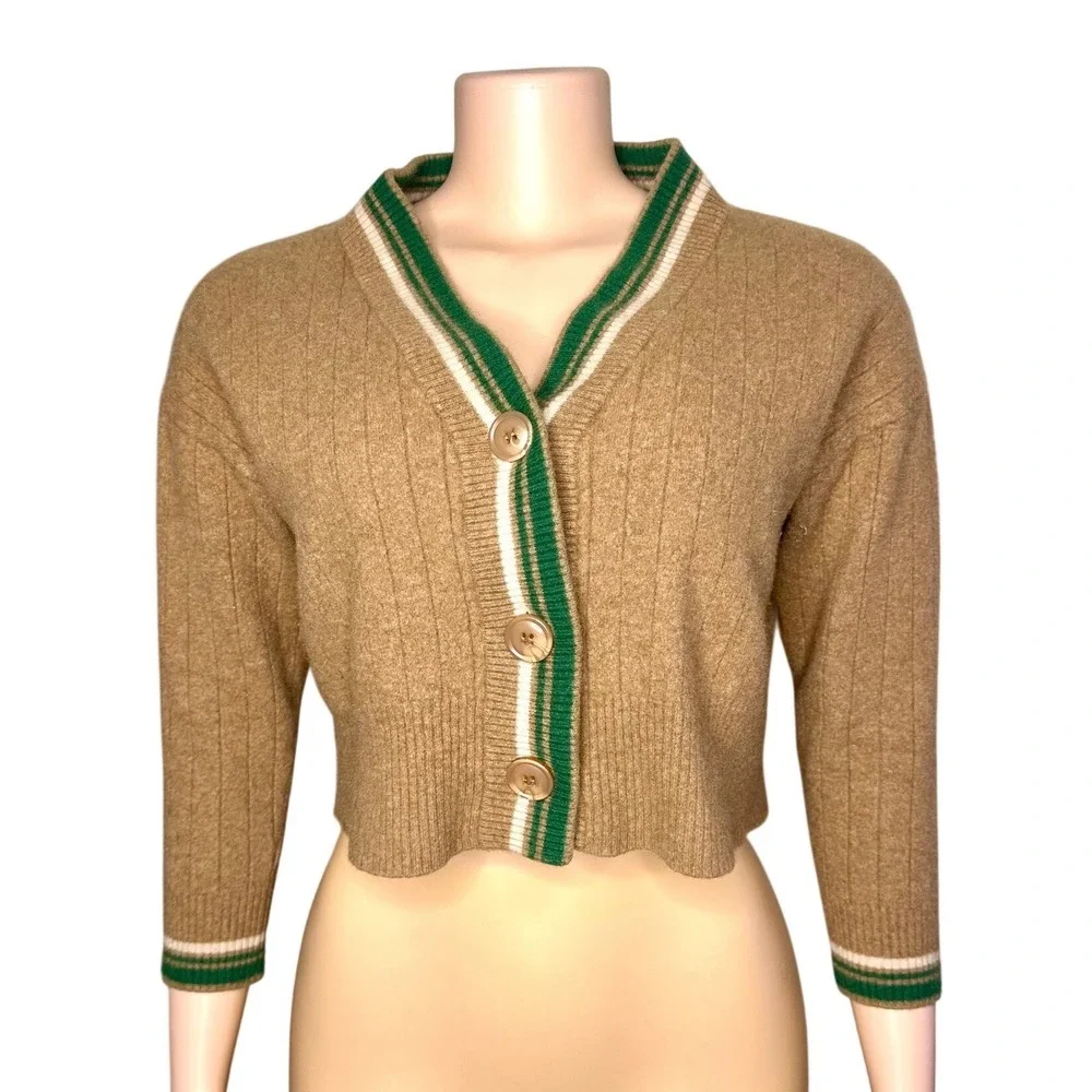 Monrow Women's Wool Cashmere Cropped Cardigan V-Neck Sweater Size Medium Tan